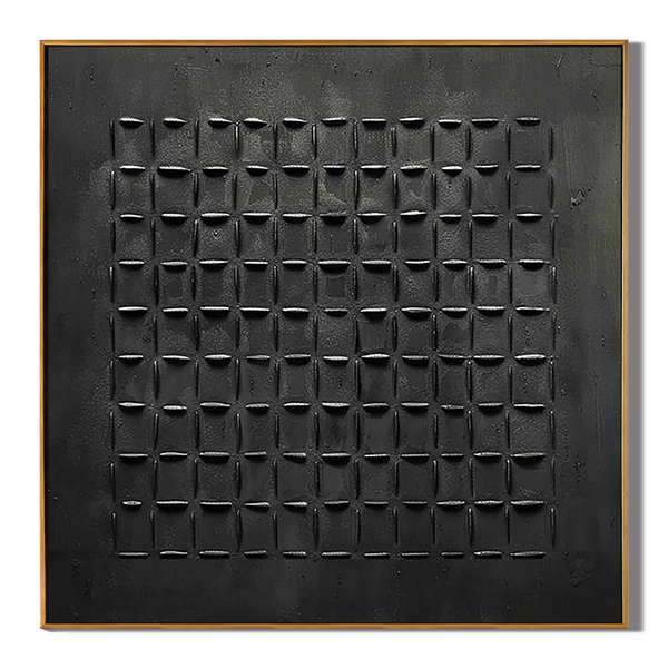 Onyx Grid – Modern Black Plaster Relief Abstract Wabi-Sabi Painting | Japandi Wabi-Sabi Living Room & Bedroom Art