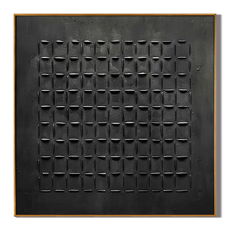 Onyx Grid – Modern Black Plaster Relief Abstract Wabi-Sabi Painting | Japandi Wabi-Sabi Living Room & Bedroom Art