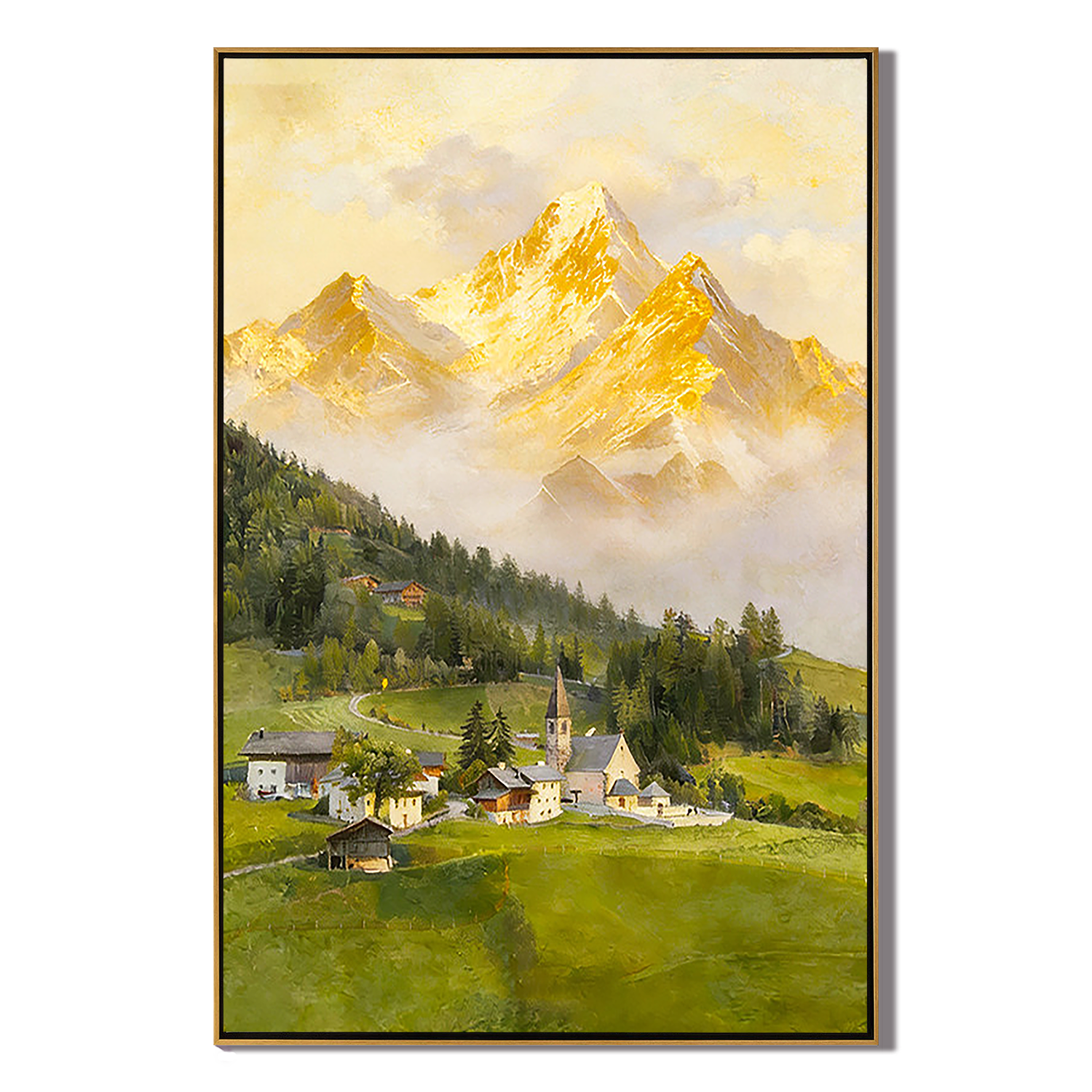 The Alpine Echo – Classical Impressionist Golden Hour Painting | Serene Meadow Green Farmhouse Living Room Art