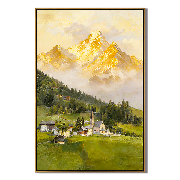 The Alpine Echo – Classical Impressionist Golden Hour Painting | Serene Meadow Green Farmhouse Living Room Art