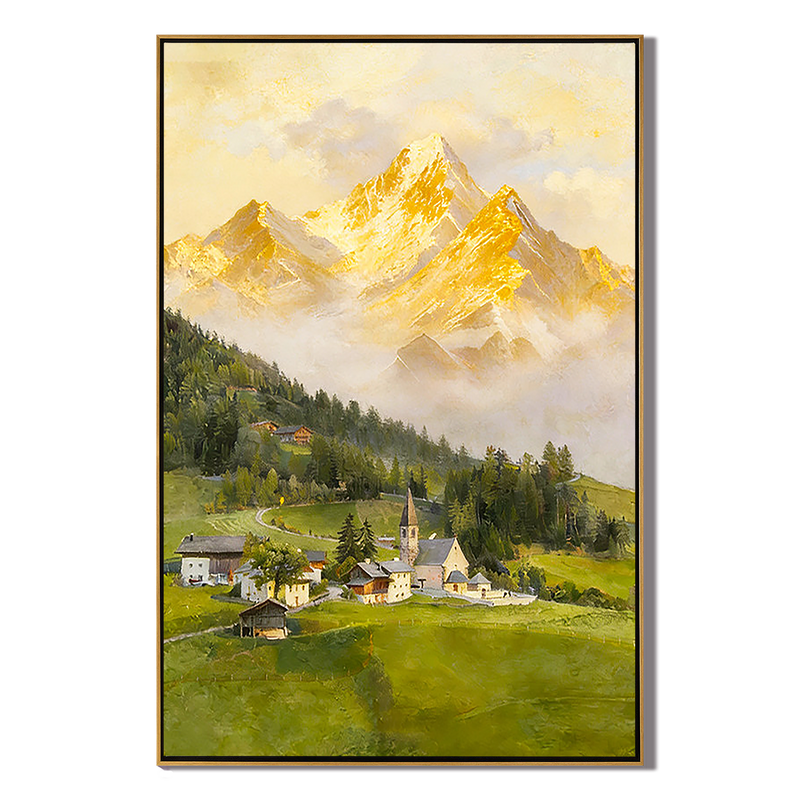 The Alpine Echo – Classical Impressionist Golden Hour Painting | Serene Meadow Green Farmhouse Living Room Art