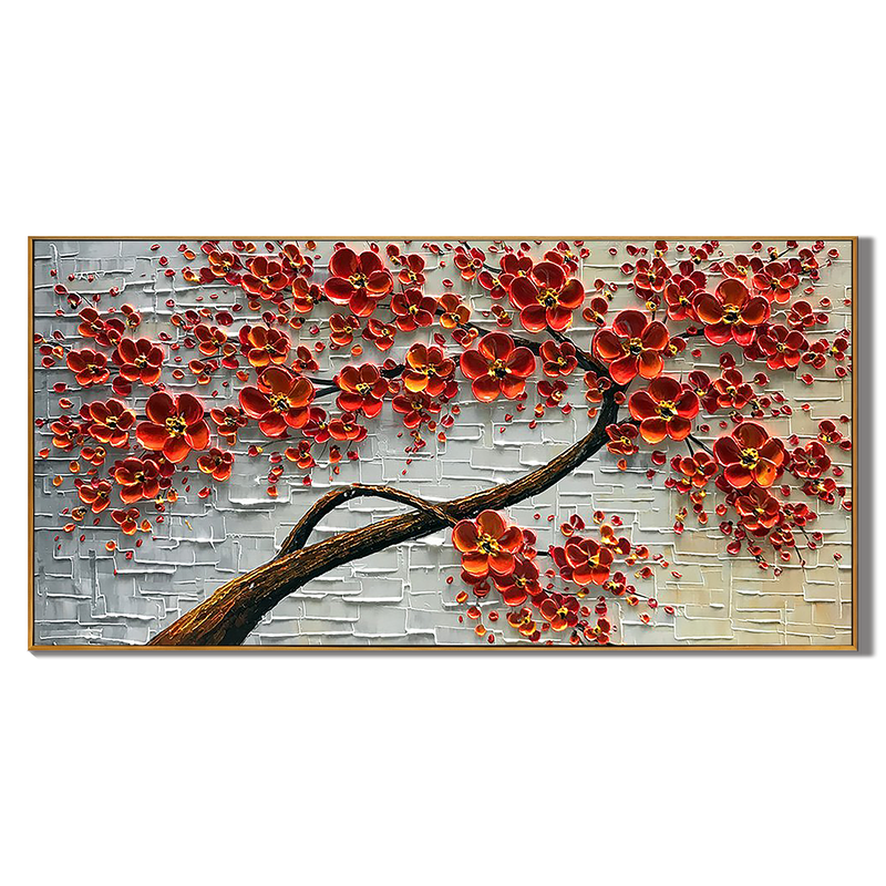 Crimson Blossom – Red Flower Tree Relief Floral Painting | Contemporary Botanical Bedroom & Living Room Art
