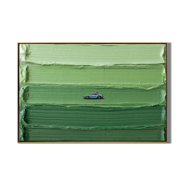 The Green Horizon – Modern Minimalist Classic Car Oil Painting | Heavy Impasto Textured Office Decor