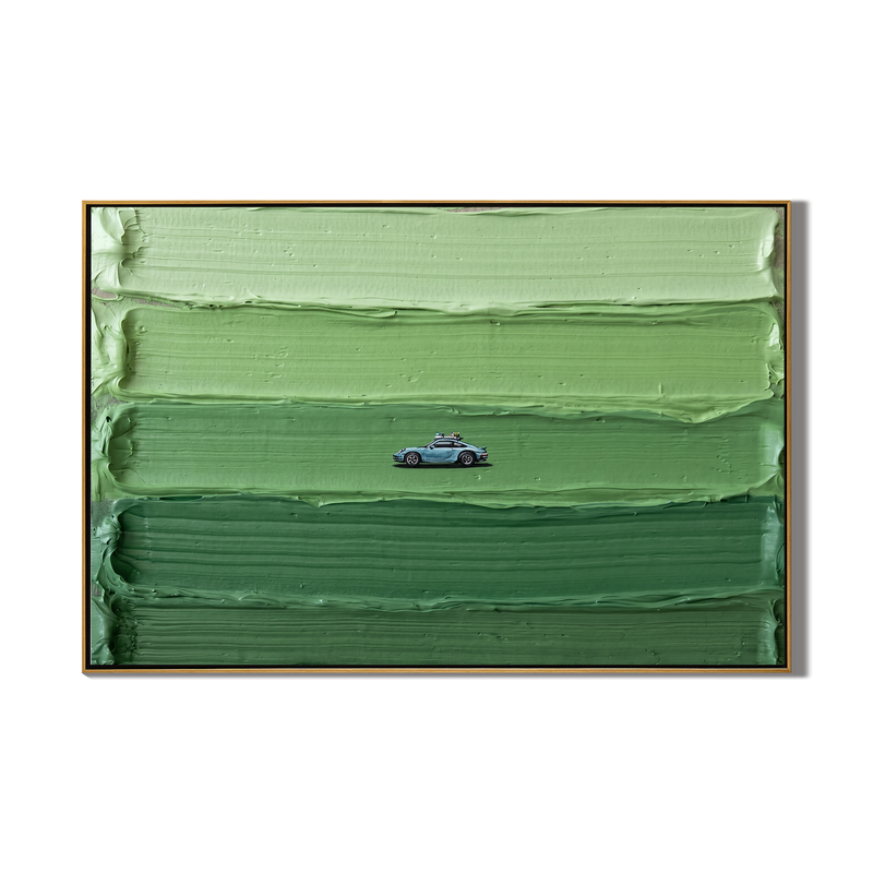 The Green Horizon – Modern Minimalist Classic Car Oil Painting | Heavy Impasto Textured Office Decor