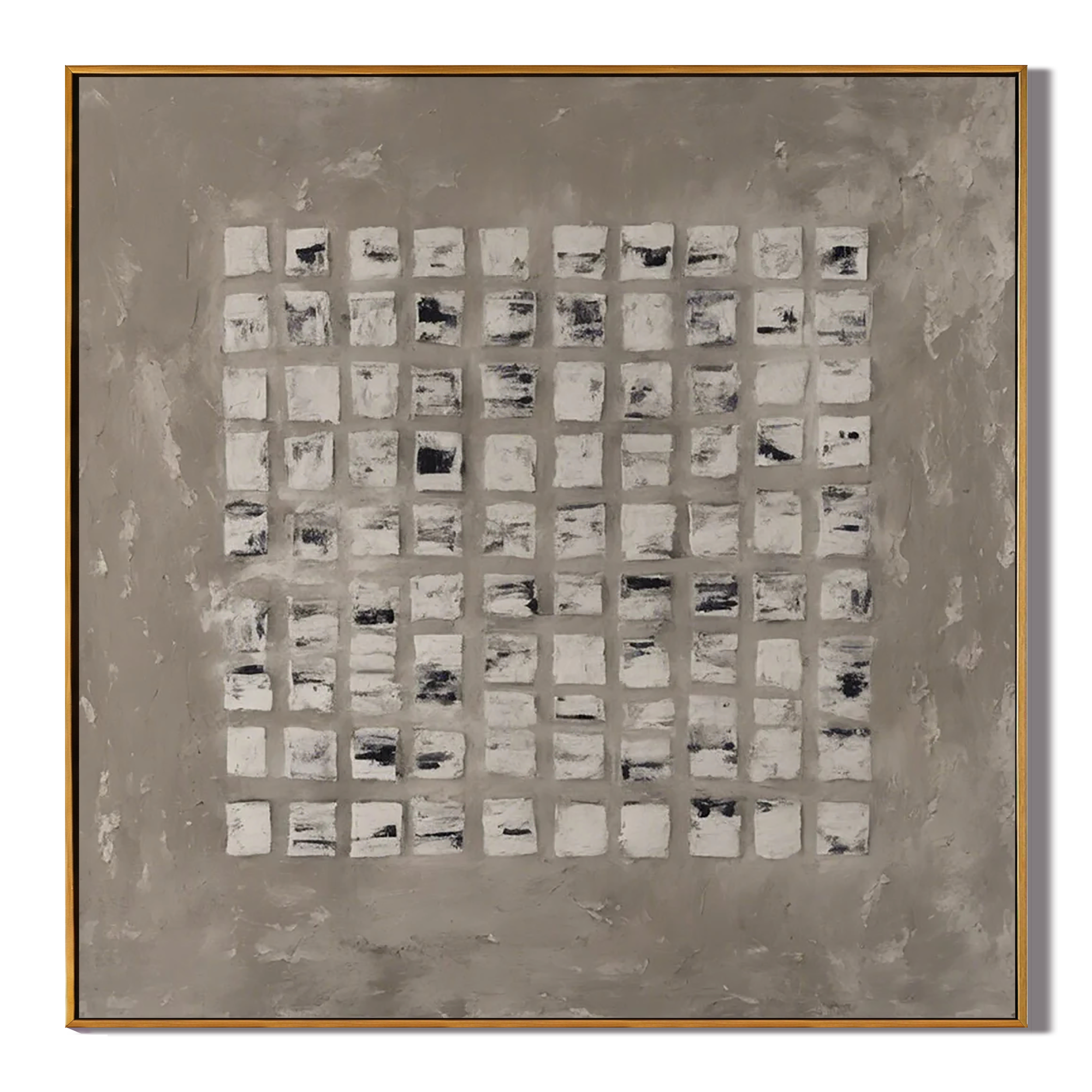 SQUARE SEQUENCE: Wabi-Sabi Wall Art, Hand-Painted Neutral Grey Matrix Plaster Relief 3D Heavy Texture Studio Art