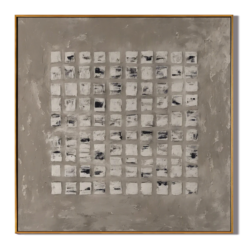 Square Sequence – Hand-Painted Neutral Grey Matrix Plaster Relief Wabi-Sabi Painting | Japandi Organic Wabi-Sabi Living Room & Hallway Art