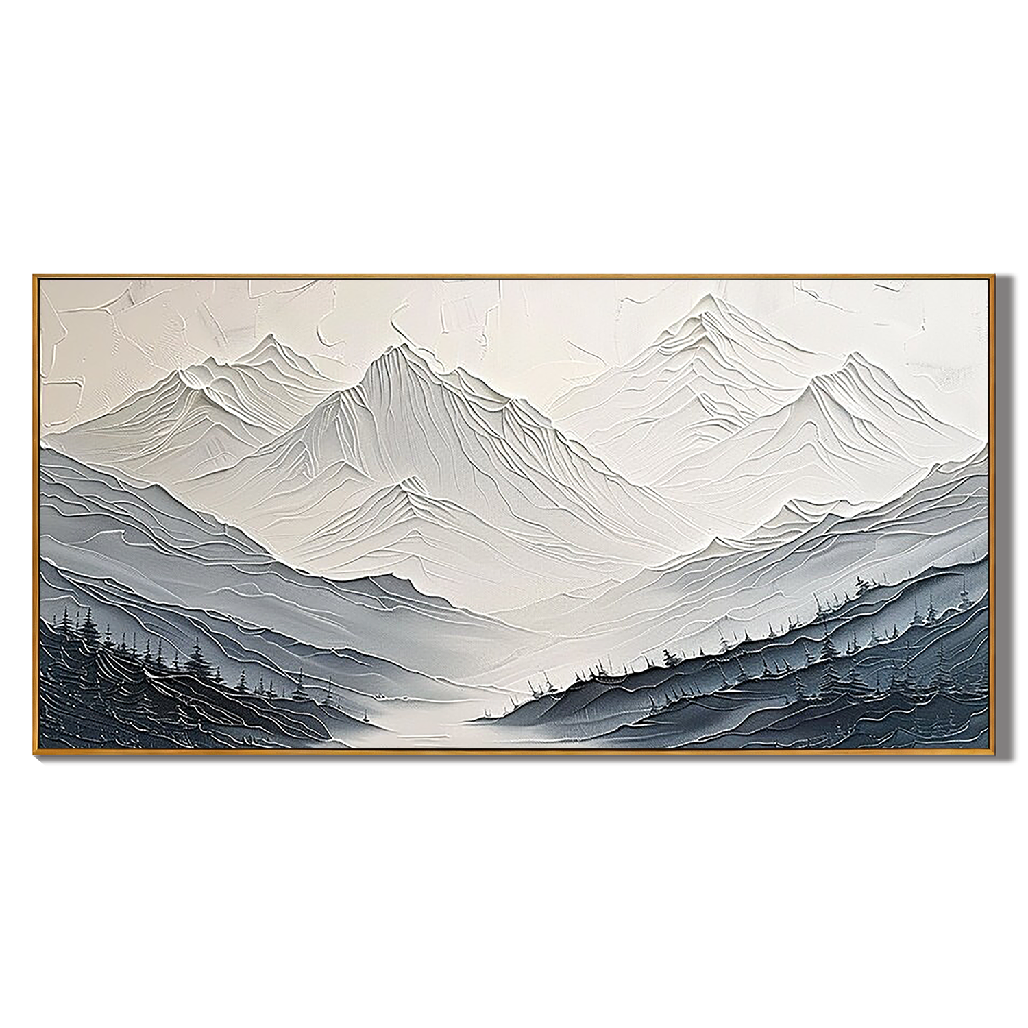 MISTY RANGE: Mountain Wall Art, Hand-Painted Grey Ridge Forest Landscape Impasto Textured Oil Painting