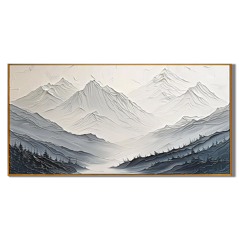 Misty Range – Hand-Painted Grey Ridge Forest Landscape Impasto Textured Oil Mountain Painting | Contemporary Mountain Living Room & Home Office Art
