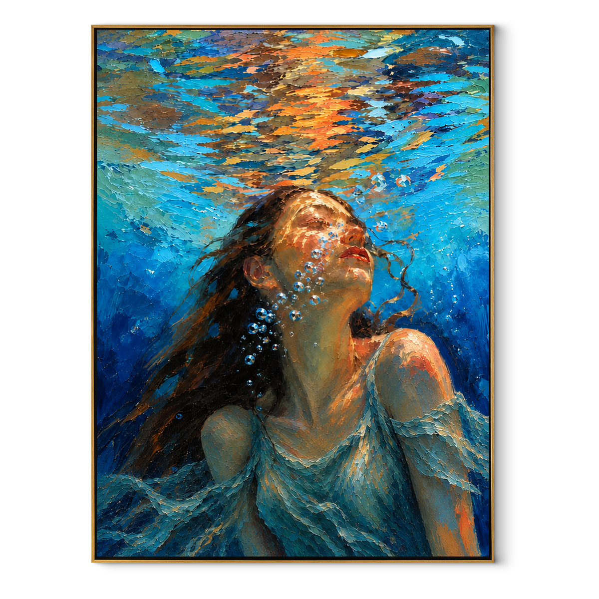 Sunlit Current – Woman Rising Under Turquoise Water Painting | Retro Modern Vertical Wall Art