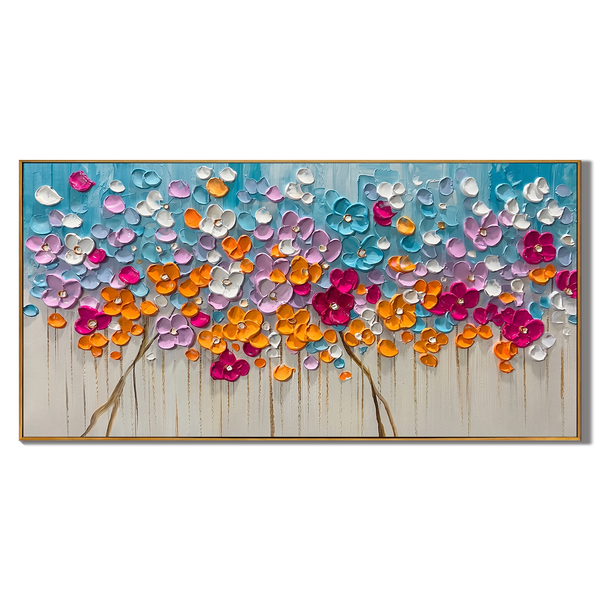 Blossom Symphony – Modern Heavy Impasto Floral Oil Painting | Textured Prosperity Tree Living Room Art