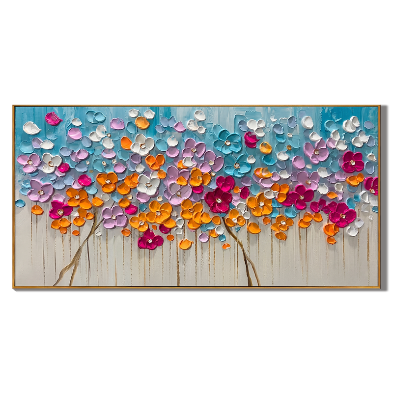 Blossom Symphony – Modern Heavy Impasto Floral Oil Painting | Textured Prosperity Tree Living Room Art