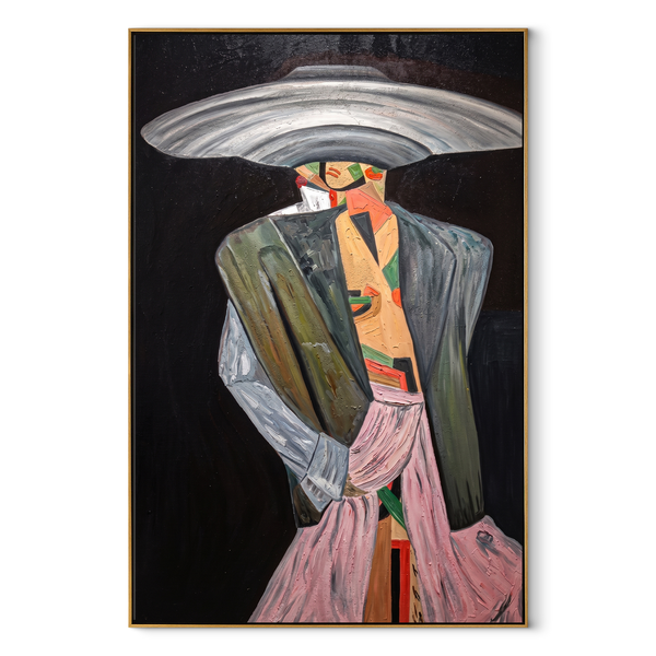 Silver Brim Takes Stage – Gray Fashion Figure Painting | Retro Modern Vertical Wall Art