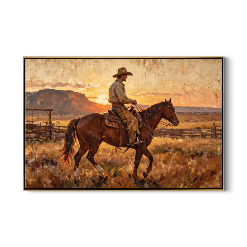 Ranch at Sundown – Vintage Americana Cowboy on Chestnut Horse Sunset Painting | Classic Western Living Room Art