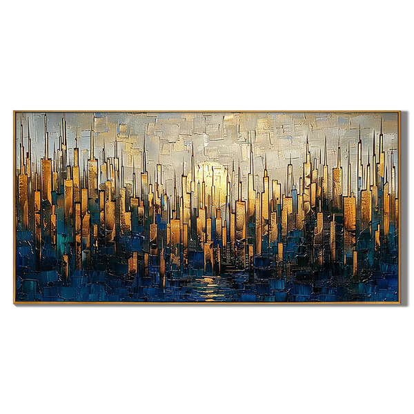 Glilded Horizon – Hand-Painted Blue and Gold Skyline Palette Knife Heavy Texture Oil Abstract Painting | Modern Abstract Living Room & Office Art