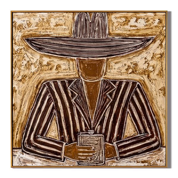 The Flask & Brim – Vintage Americana Cowboy Portrait with Whiskey Glass Painting | Rustic Living Room Art