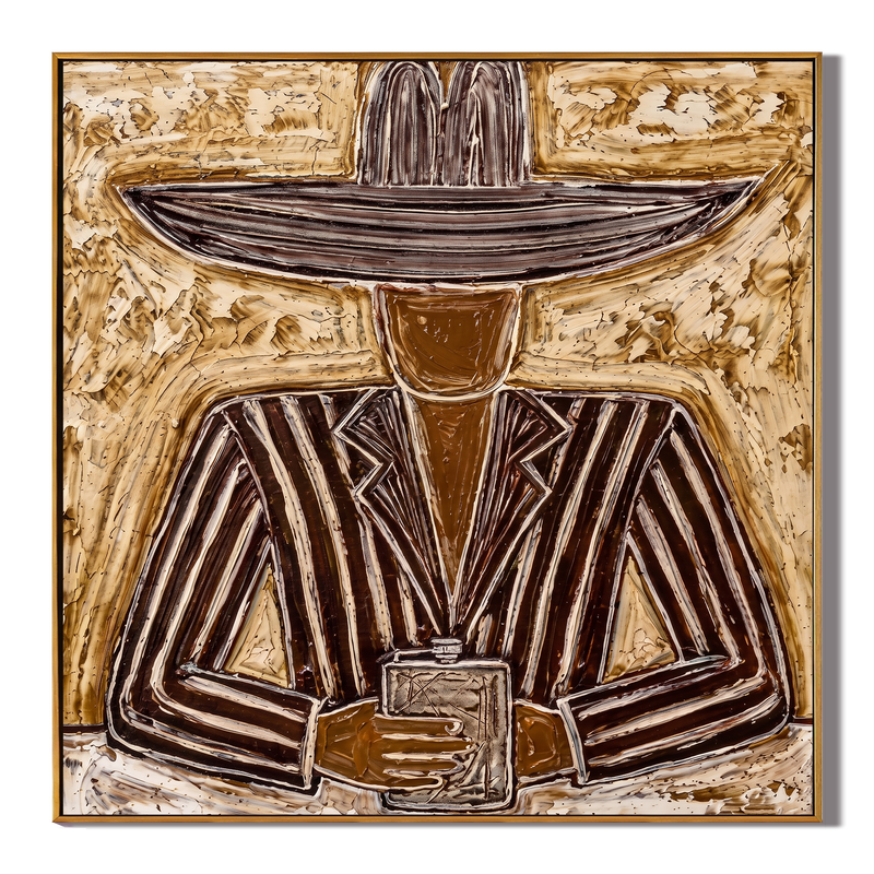 The Flask & Brim – Vintage Americana Cowboy Portrait with Whiskey Glass Painting | Rustic Living Room Art