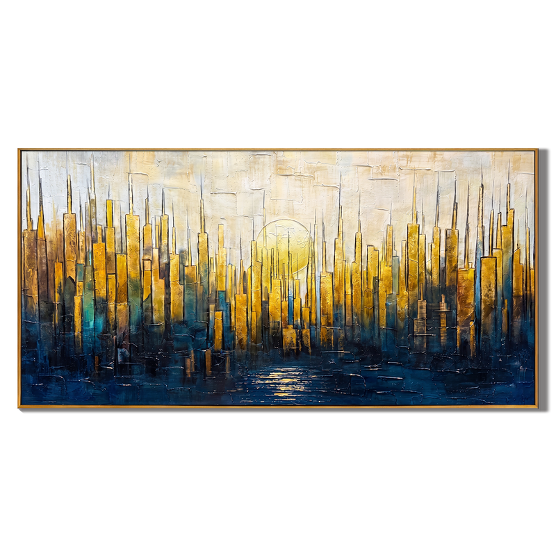 Golden Metropolis – Modern Abstract Gold and Blue Impasto Cityscape | Luxury Living Room Wall Art
