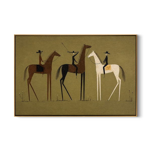 Olive Three – Vintage Americana Three Stylized Riders Painting | Minimalist Western Living Room Art