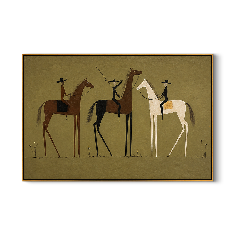 Olive Three – Vintage Americana Three Stylized Riders Painting | Minimalist Western Living Room Art