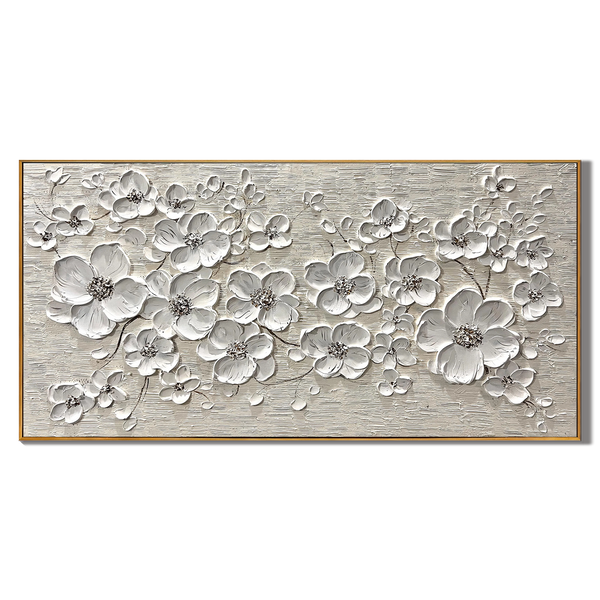 White Harmony – Hand-Painted 3D Impasto White Blossom Floral Painting | Contemporary Botanical Bedroom & Living Room Art