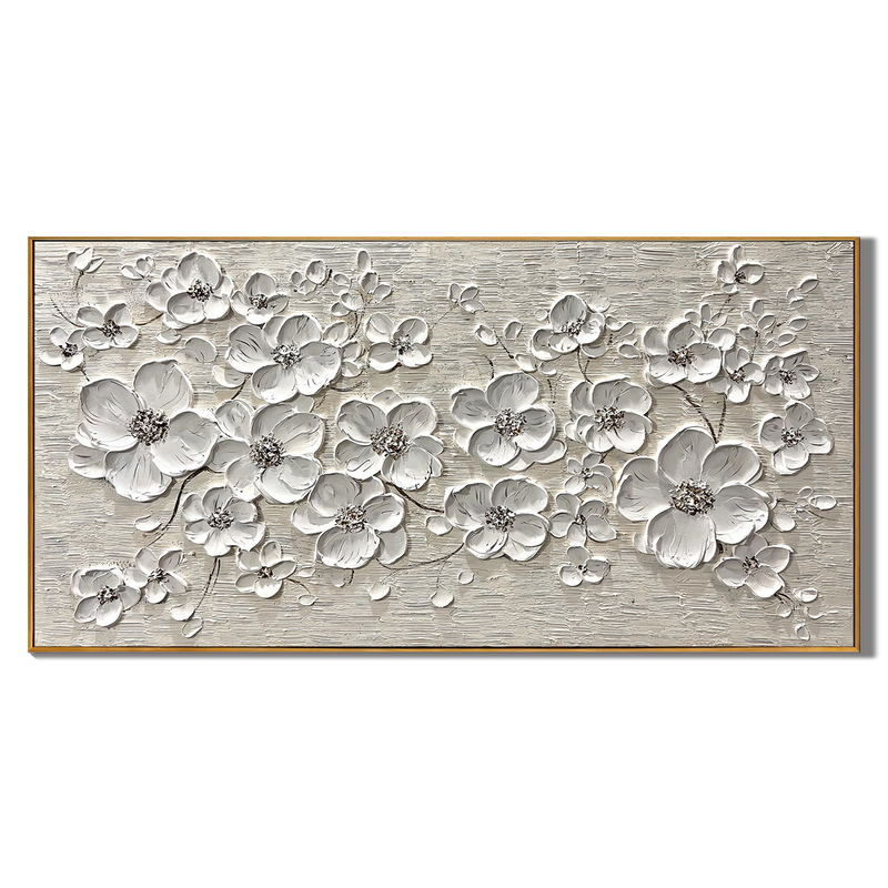 White Harmony – Hand-Painted 3D Impasto White Blossom Floral Painting | Contemporary Botanical Bedroom & Living Room Art
