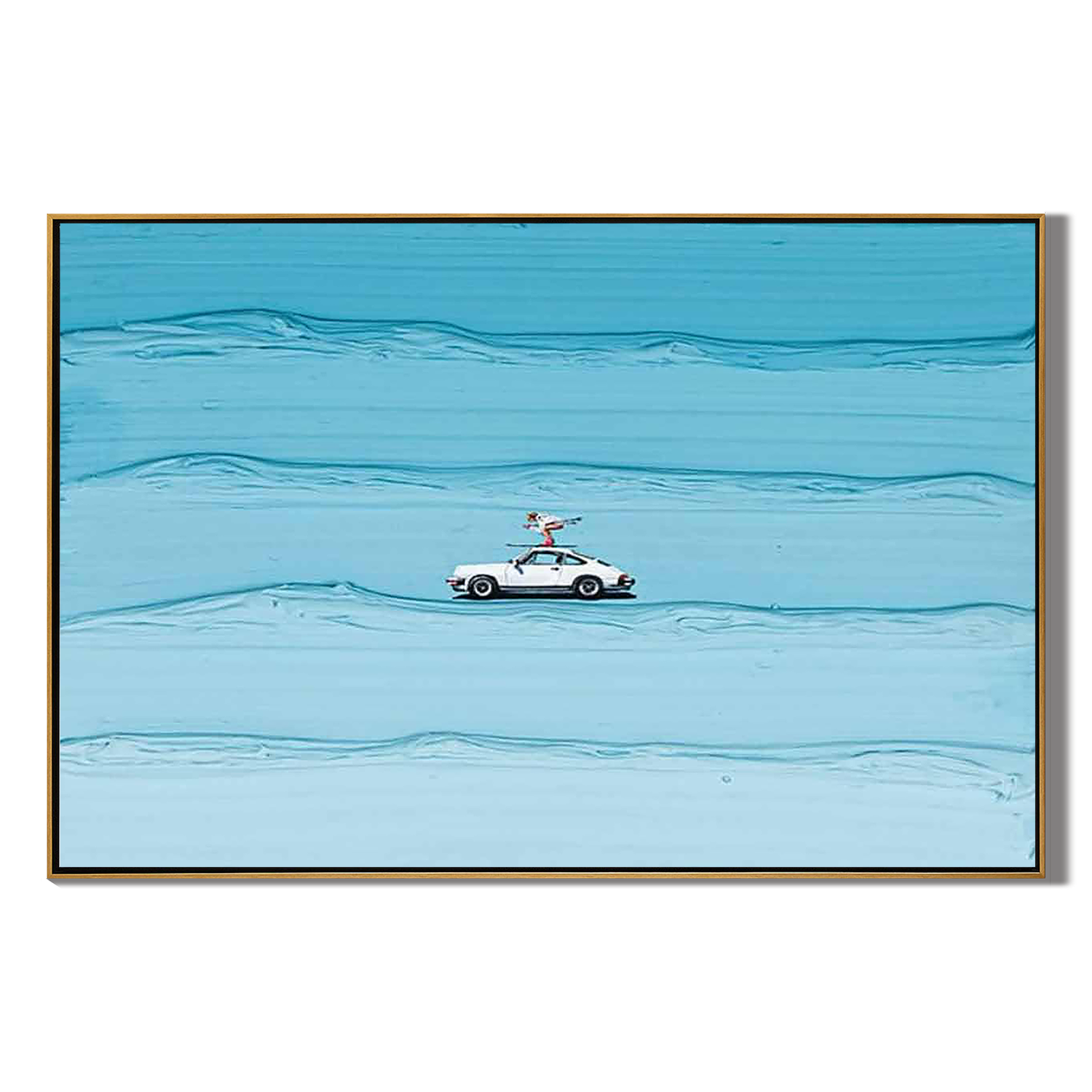 SURF RIDER: Sport Wall Art, Hand-Painted Creative White Car on Blue Ocean Wave Palette Knife Textured Canvas Painting