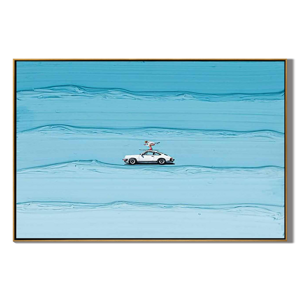 Surf Rider – Hand-Painted Creative White Car on Blue Ocean Wave Palette Knife Sport Painting | Coastal Modern Living Room & Bedroom Art