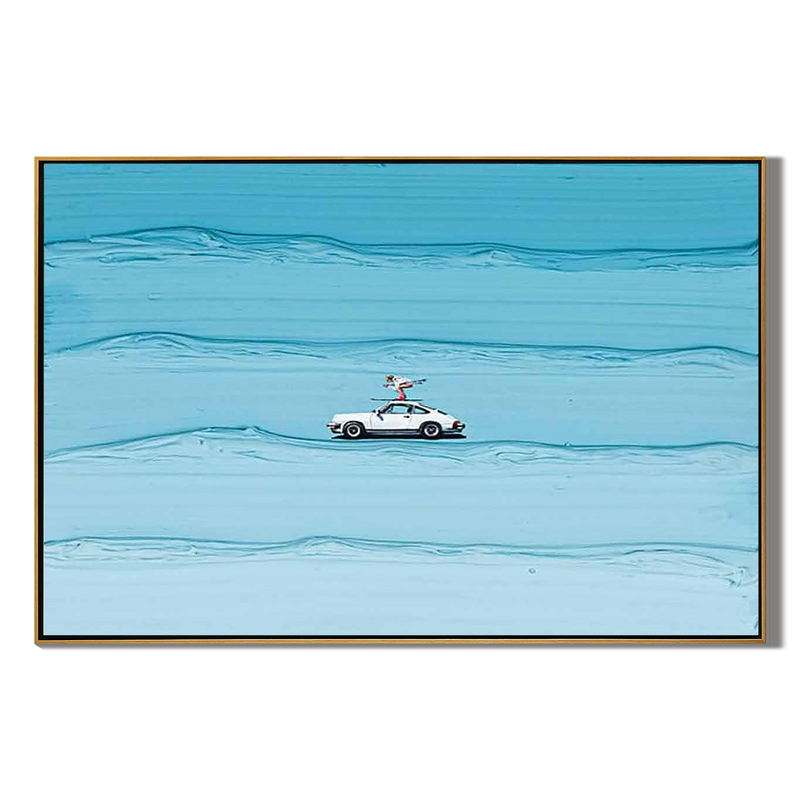 Surf Rider – Hand-Painted Creative White Car on Blue Ocean Wave Palette Knife Sport Painting | Coastal Modern Living Room & Bedroom Art