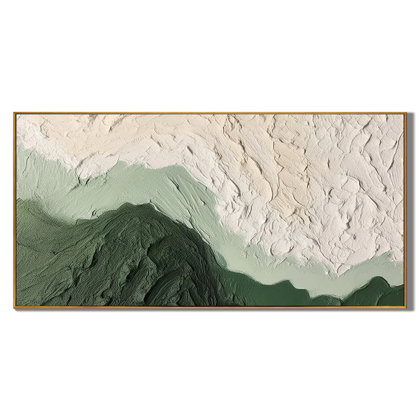 Verdant Ridges – Modern Organic Mountain Textured Art | Panoramic Sage Green Living Room Art