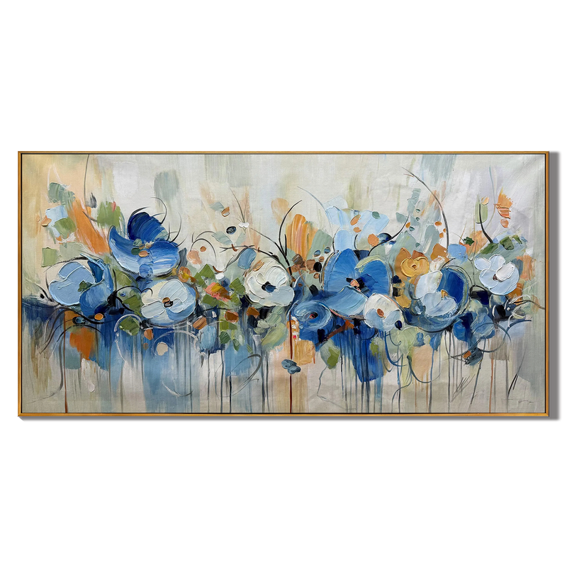 Azure Whisper – Hand-Painted Blue Wildflower Palette Knife Thick Textured Impressionist Oil Floral Painting | Contemporary Botanical Bedroom & Living Room Art