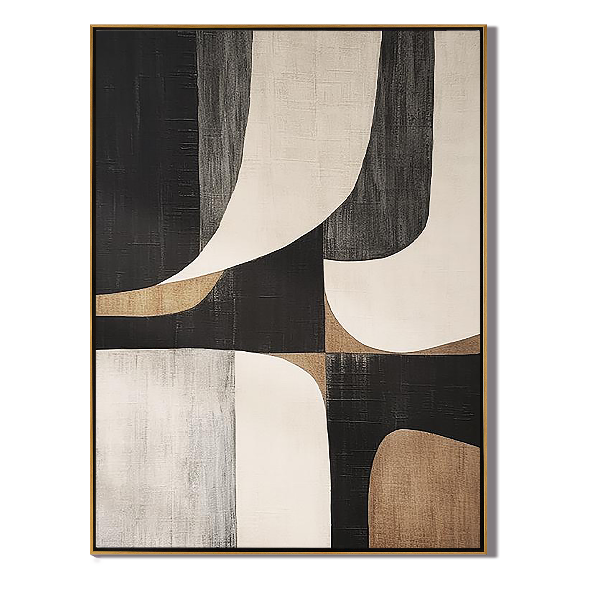 BALANCED GEOMETRIC: Wabi-Sabi Wall Art, Hand-Painted Black and Beige Minimalist Shapes 3D Textured Studio Art