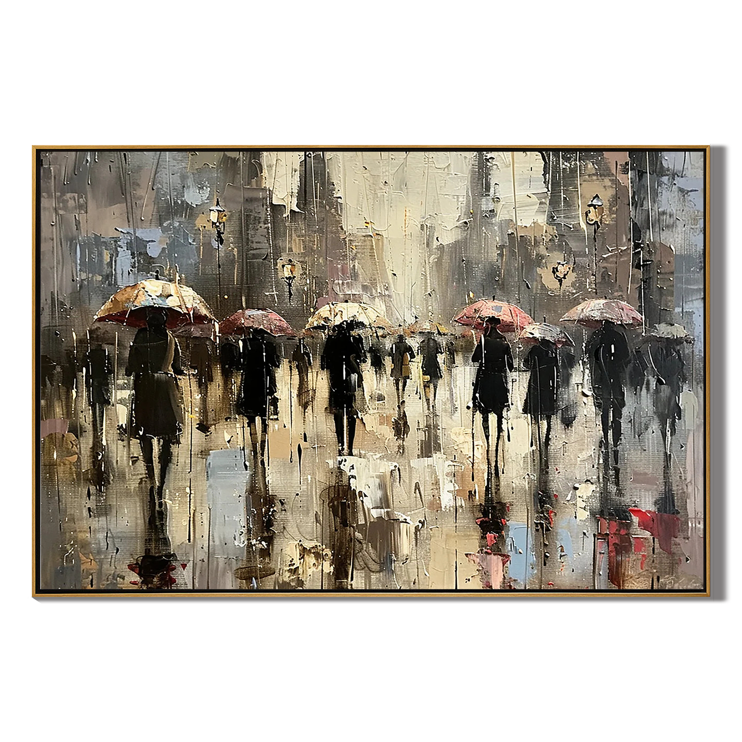 People-portraits #PE 485URBAN DRIZZLE: People Portrait Art, Hand-Painted Rainy Street Cityscape Umbrella Impressionist Textured Oil Painting