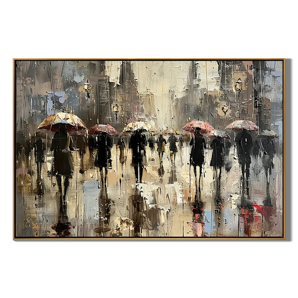 People-portraits #pe 485urban Drizzle – Hand-Painted Rainy Street Cityscape Umbrella Impressionist Textured Oil Portrait Painting | Contemporary Expressionist Living Room & Office Art