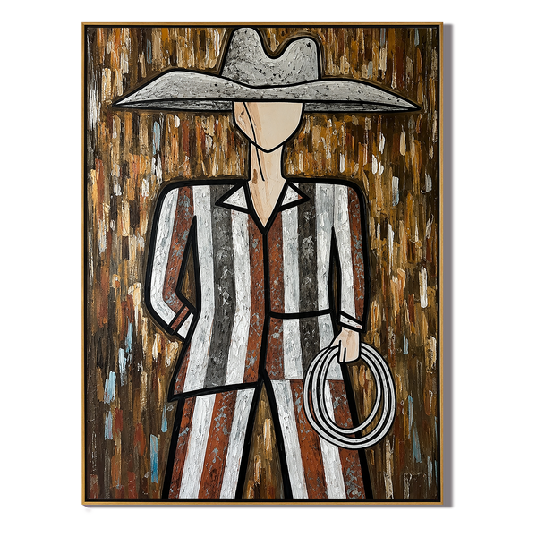 The Rope Carrier – Vintage Americana Geometric Cowboy with Lasso Painting | Bold Rustic Living Room Art