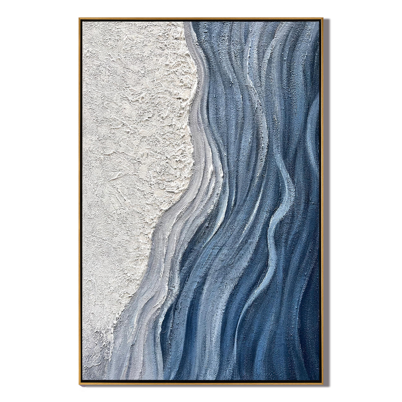 Glacial Flow – Hand-Painted Deep Blue and White Plaster Effect Relief Texture Painting | Coastal Modern Living Room & Bedroom Art