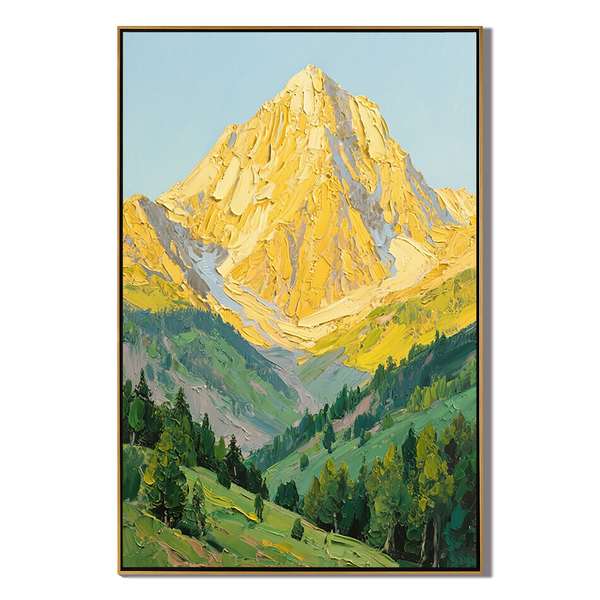 The Radiant Ridge – Contemporary Heavy Impasto Mountain & Valley Painting | Gilded Gold & Meadow Green Hallway Art