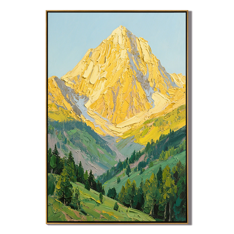 The Radiant Ridge – Contemporary Heavy Impasto Mountain & Valley Painting | Gilded Gold & Meadow Green Hallway Art