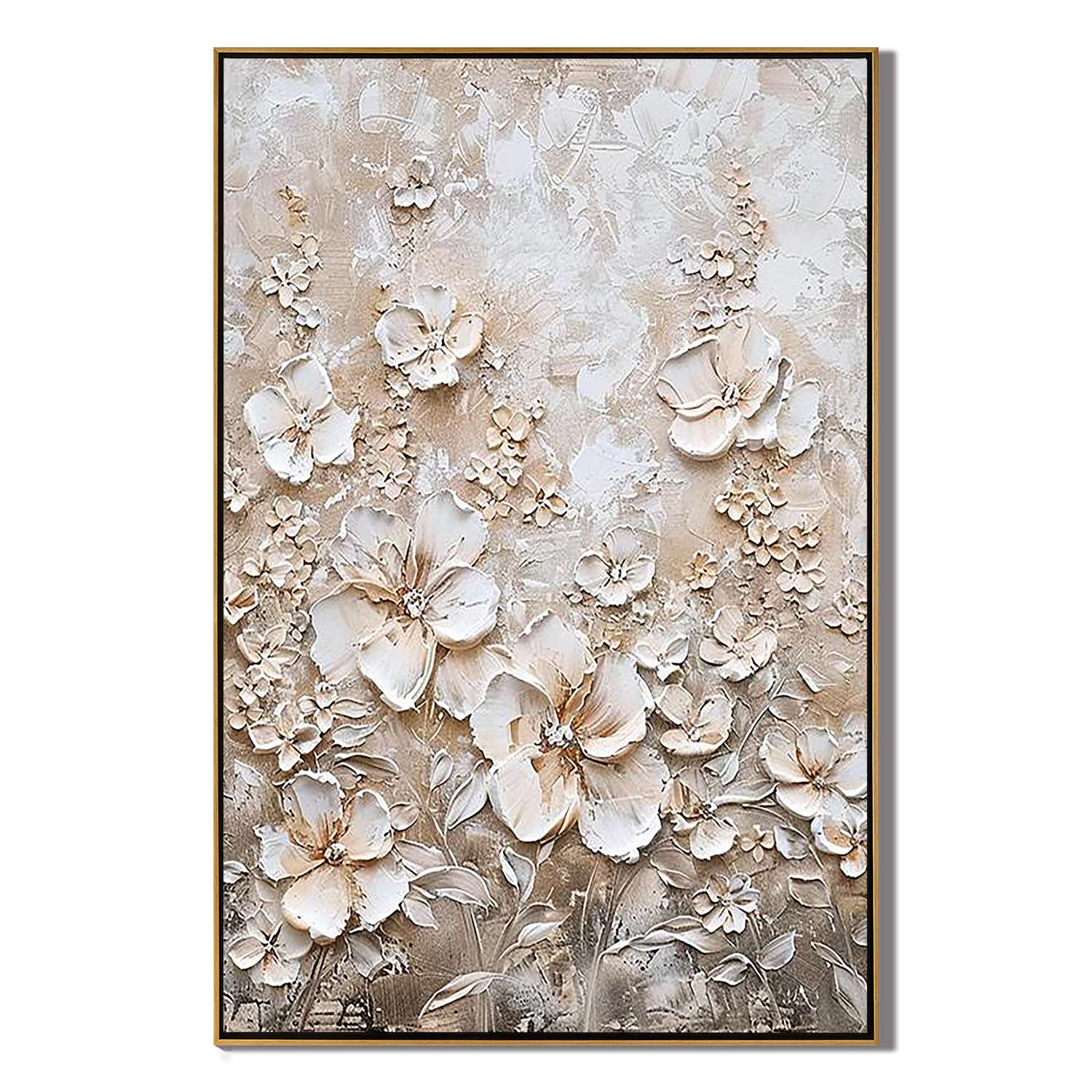 IVORY PETALS: Floral Wall Art, Hand-Painted Champagne White Blossom 3D Relief Heavy Texture Studio Art