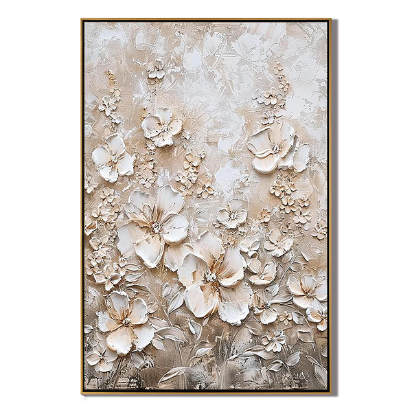 Ivory Petals – Hand-Painted Champagne White Blossom 3D Relief Floral Painting | Soft Organic Botanical Bedroom & Living Room Art