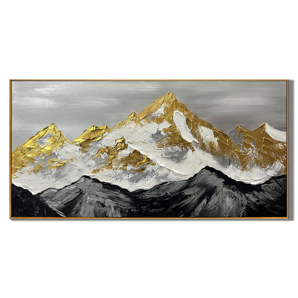 Golden Peak – 3D Heavy Texture Gold Leaf Snow Mountain Hand-Painted Oil Mountain Painting | Contemporary Mountain Living Room & Home Office Art