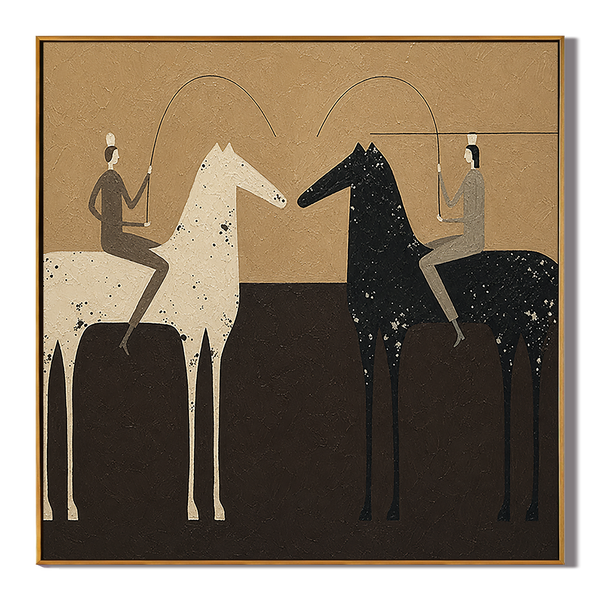 Face-Off – Vintage Americana Two Riders on Black and White Horses Painting | Contemporary Square Living Room Art