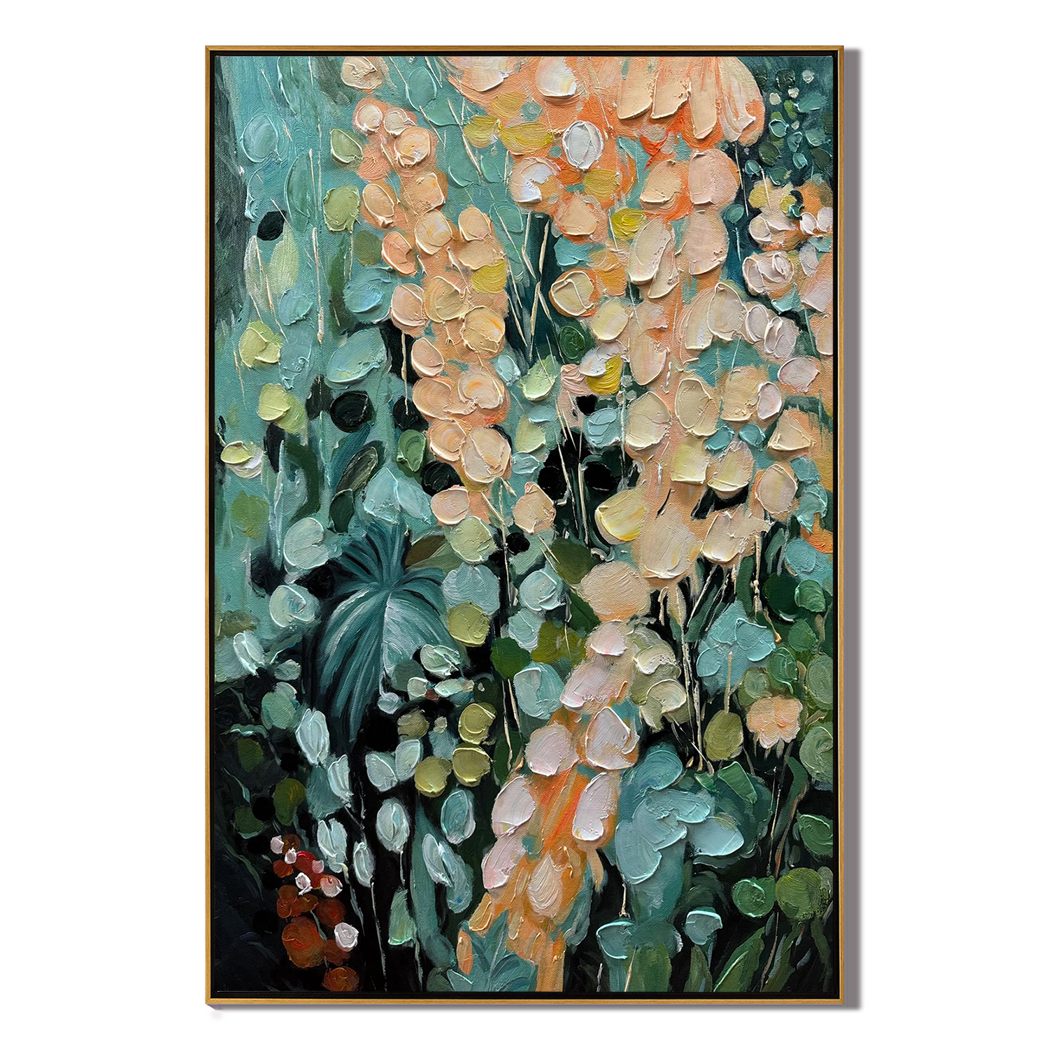 JUNGLE BLOOM: Floral Wall Art, Hand-Painted Deep Green and Apricot Flower Palette Knife 3D Heavy Texture Canvas Art