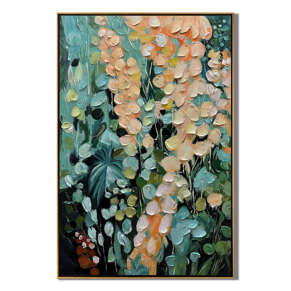 Jungle Bloom – Hand-Painted Deep Green and Apricot Flower Palette Knife Floral Painting | Tropical Botanical Bedroom & Dining Room Art