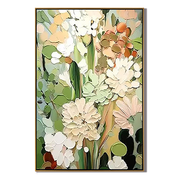 Verdant Bloom – Hand-Painted Sage Green and Cream 3D Impasto Palette Knife Floral Painting | Heavy Texture Studio Art