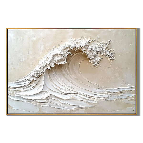 Ivory Surge – Hand-Painted Creamy White Ocean Wave Plaster Relief Texture Painting | Coastal Modern Living Room & Bedroom Art