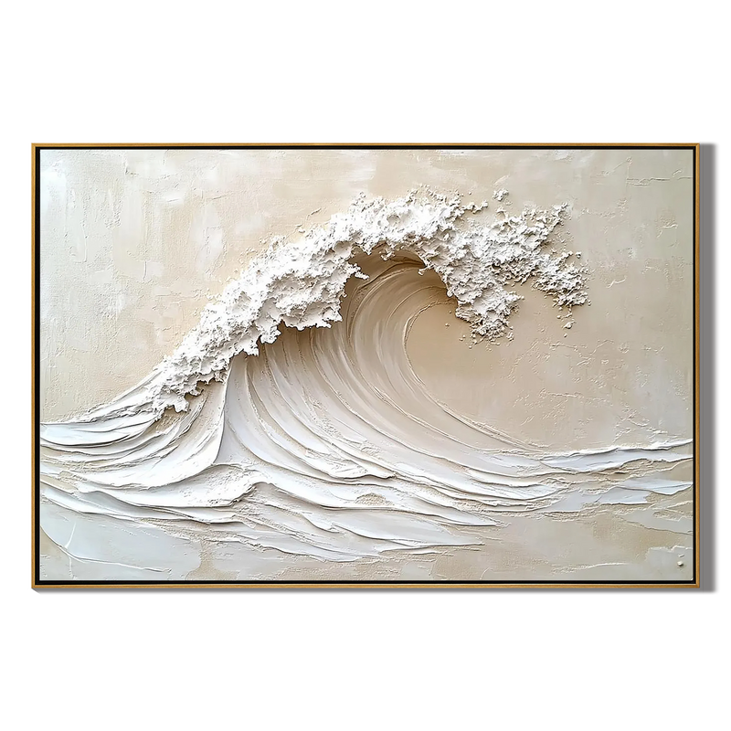 Ivory Surge – Hand-Painted Creamy White Ocean Wave Plaster Relief Texture Painting | Coastal Modern Living Room & Bedroom Art