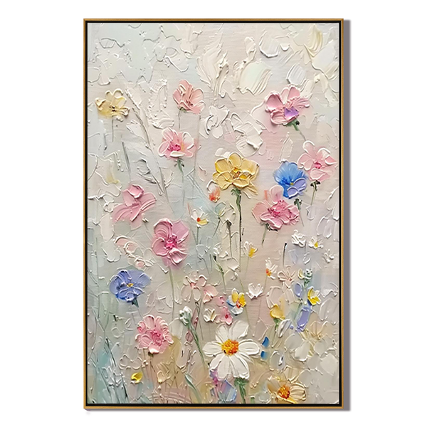 Wild Daisy – Hand-Painted Minimalist Beige and Pink 3D Floral Painting | Soft Organic Botanical Bedroom & Living Room Art