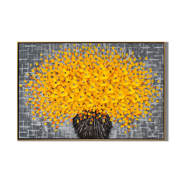 Golden Bloom – Grey & Yellow Impasto Abstract Floral Oil Painting | Modern Luxury Living Room Art