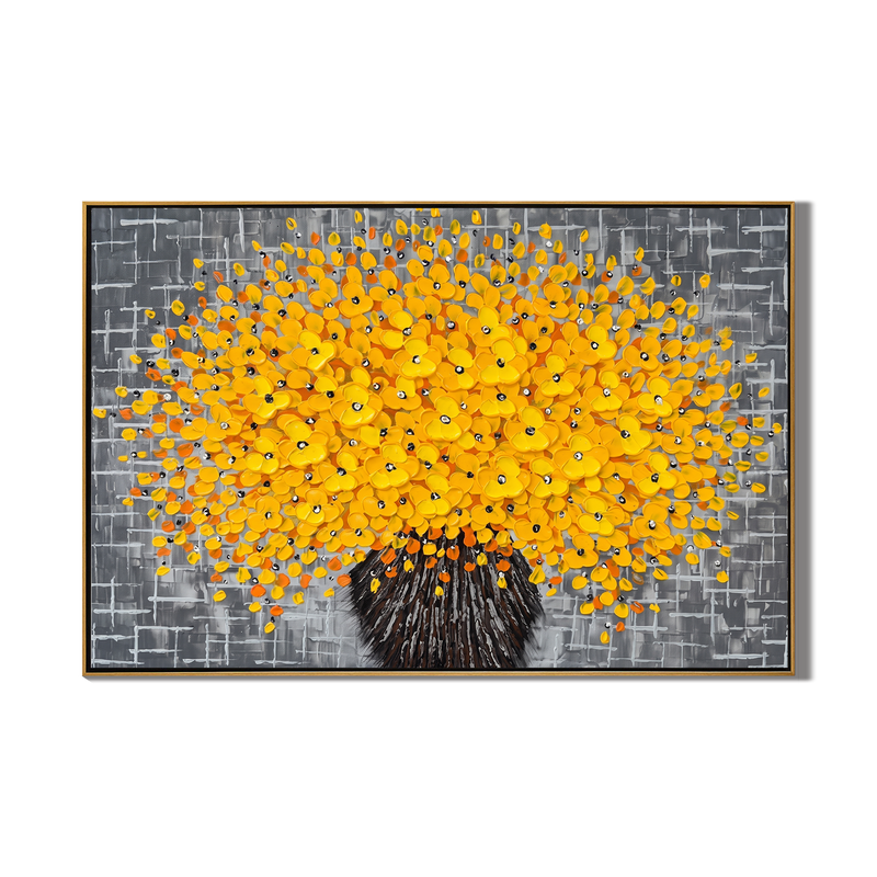 Golden Bloom – Grey & Yellow Impasto Abstract Floral Oil Painting | Modern Luxury Living Room Art
