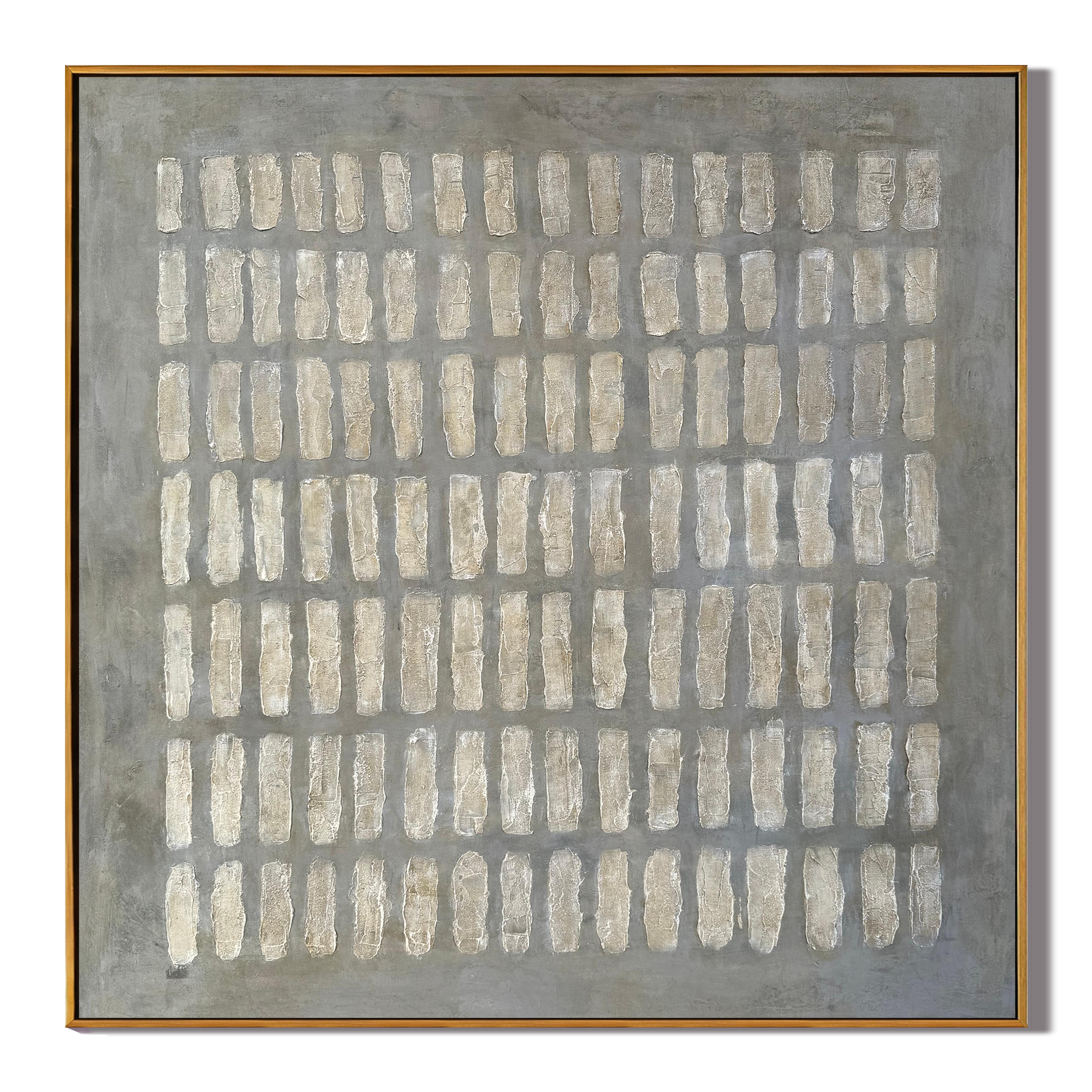 Stone Echo – Wabi-Sabi Slate Grey Minimalist Grid Painting | Modern Geometric Textured Hallway Art
